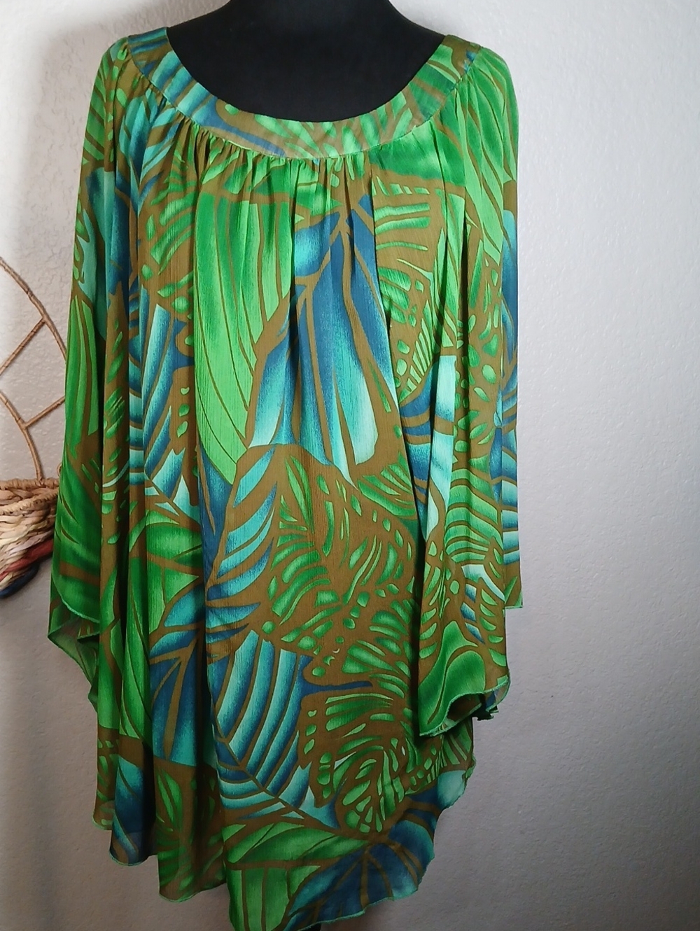 Green & Blue Semi Sheer Tropical Print Tunic Top